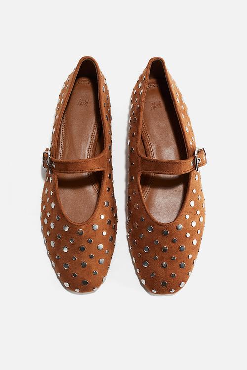 Studded mary jane ballet pumps - brown