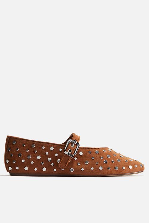 Studded mary jane ballet pumps - brown