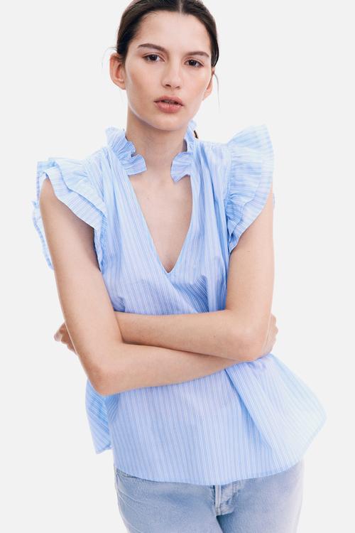 Frill-trimmed blouse - light blue striped