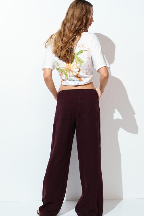 Linen-blend drawstring trousers - burgundy