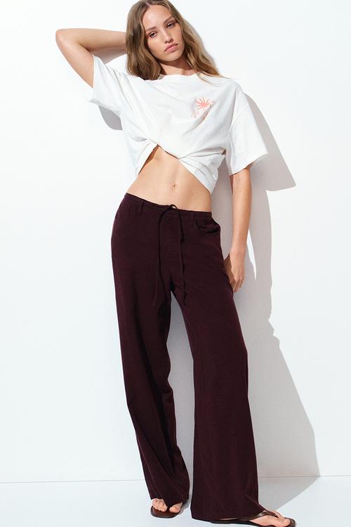 Linen-blend drawstring trousers - burgundy