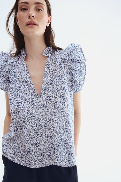 Frill-trimmed blouse - white & blue floral 