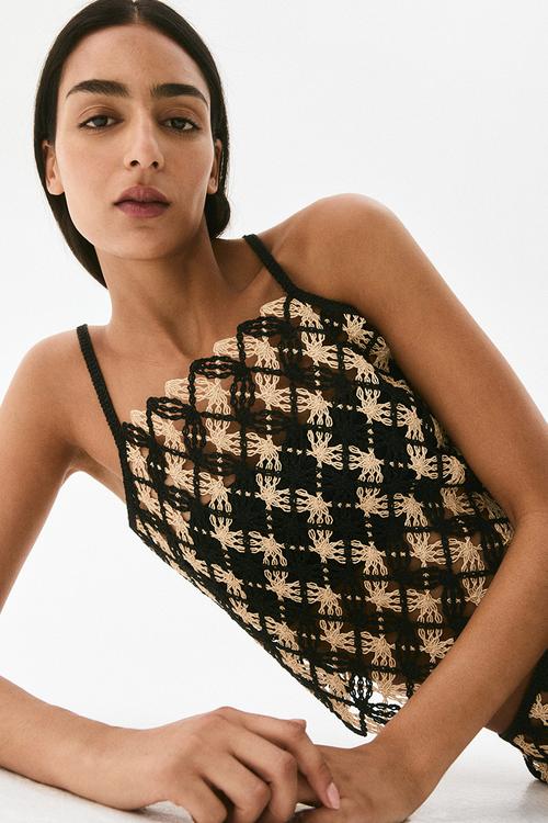 Crochet-look strappy top - black/light beige