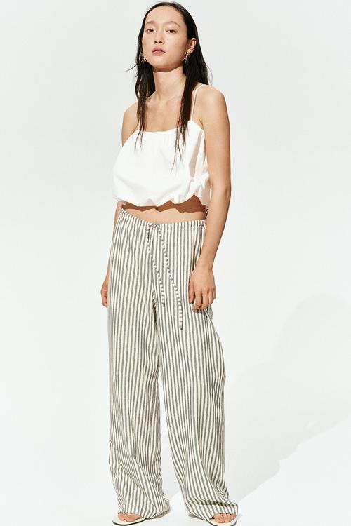 Straight drawstring trousers - white/grey striped