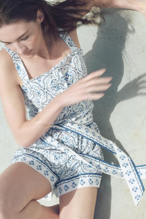 Cotton poplin playsuit - white & blue patterned