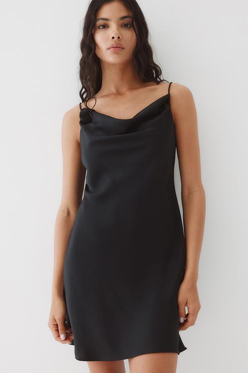 Tie-detail satin slip dress - black