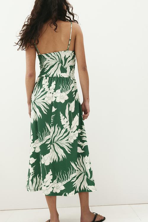 Smocked strappy dress -green/white floral 