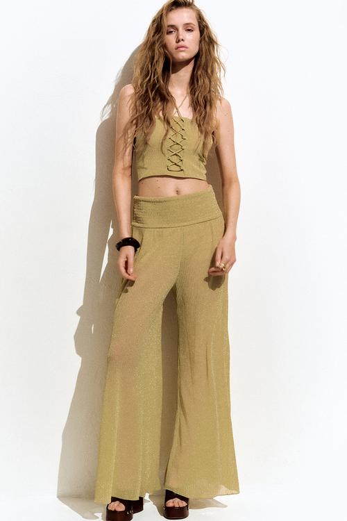 Glittery smocked-waist trousers - dusty yellow