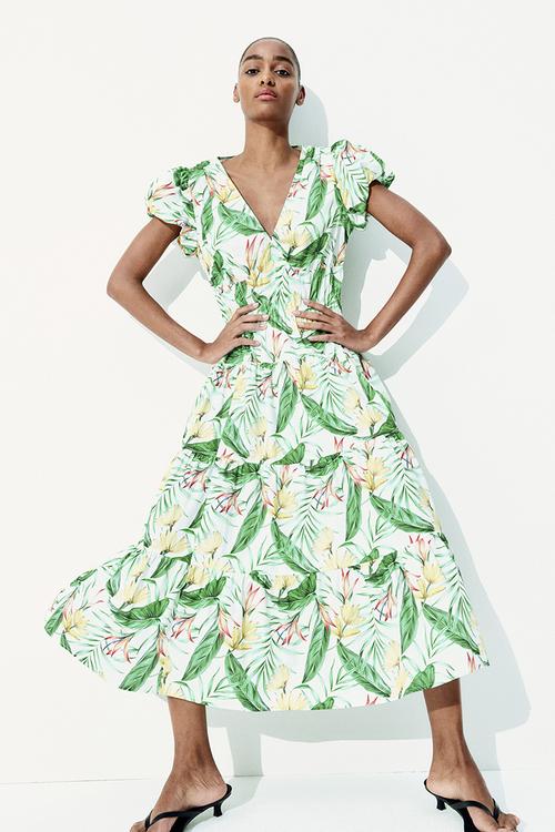 Tiered-skirt poplin dress - white/floral 