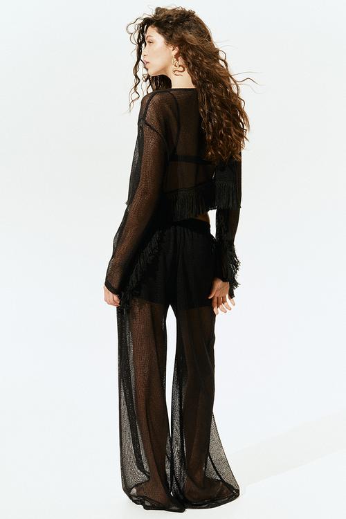 Wide hole-knit trousers - black