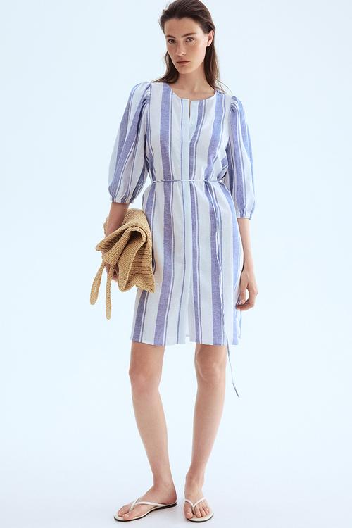 Linen-blend dress - white & blue striped