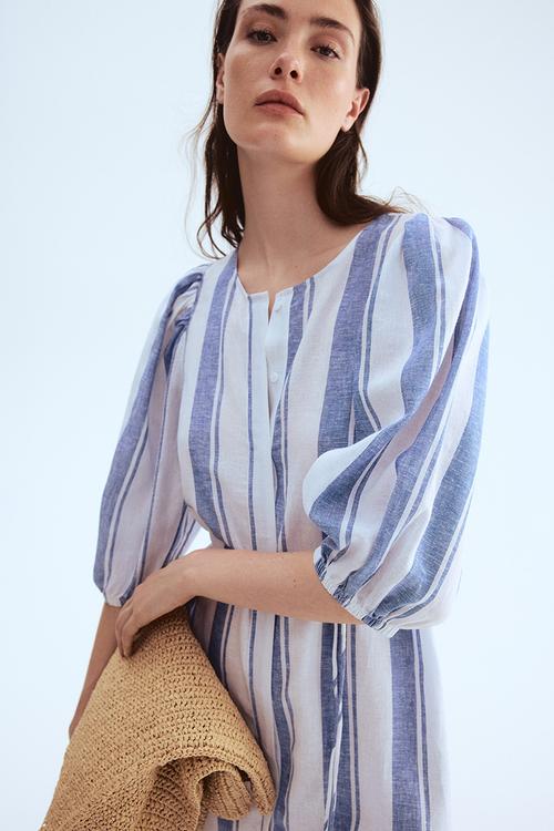 Linen-blend dress - white & blue striped