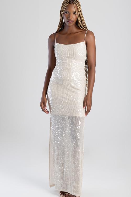 Dazzle Me Maxi Dress: Basic Glam Maxi Dress With Cutline - Neutral