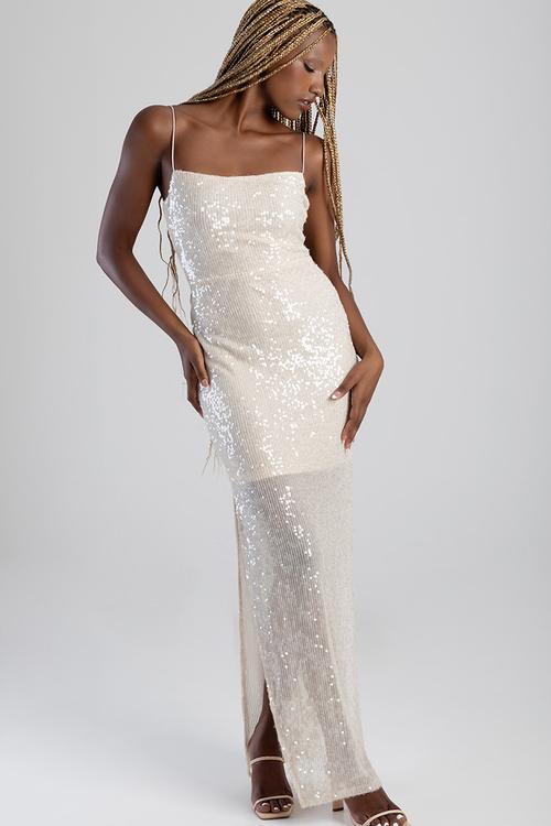 Dazzle Me Maxi Dress: Basic Glam Maxi Dress With Cutline - Neutral