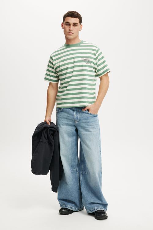Cropped Fit Graphic T-Shirt - Faded Teal/Further Future Stripe