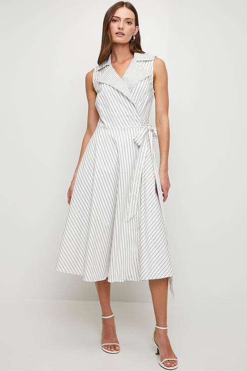 Kiara Cotton Wrap Stripe Dress - White
