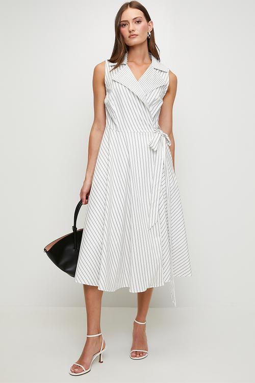 Kiara Cotton Wrap Stripe Dress - White