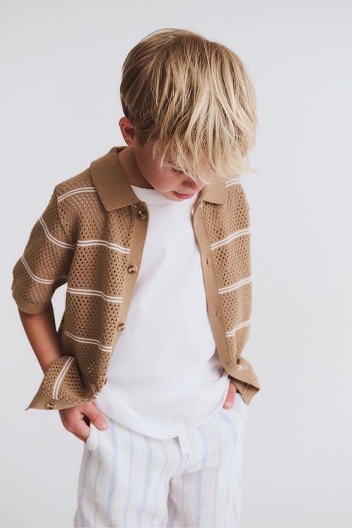 Knitted short sleeve shirt - washed stone/vanilla