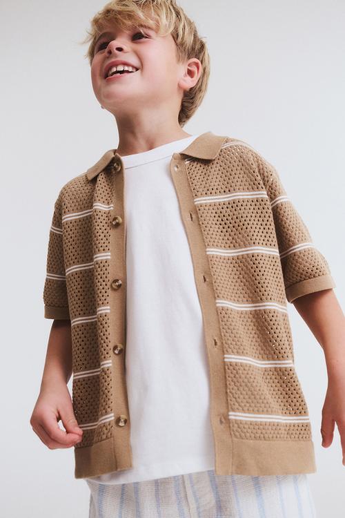 Knitted short sleeve shirt - washed stone/vanilla