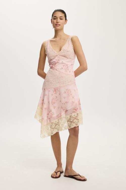 Spliced lace dress - pink print