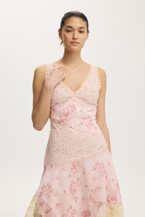 Spliced lace dress - pink print