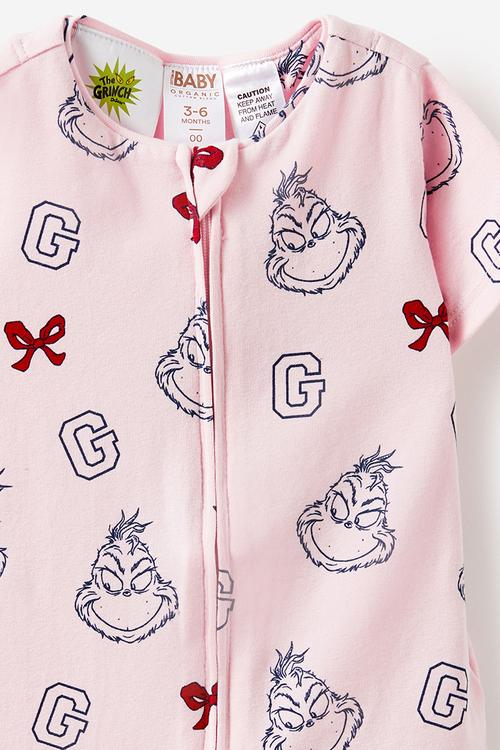 The short sleeve zip romper license - lcn drs tea party pink/grinch bows