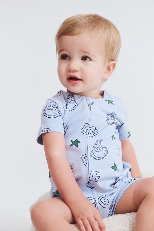 The short sleeve zip romper license - lcn drs dawn blue/grinch stars