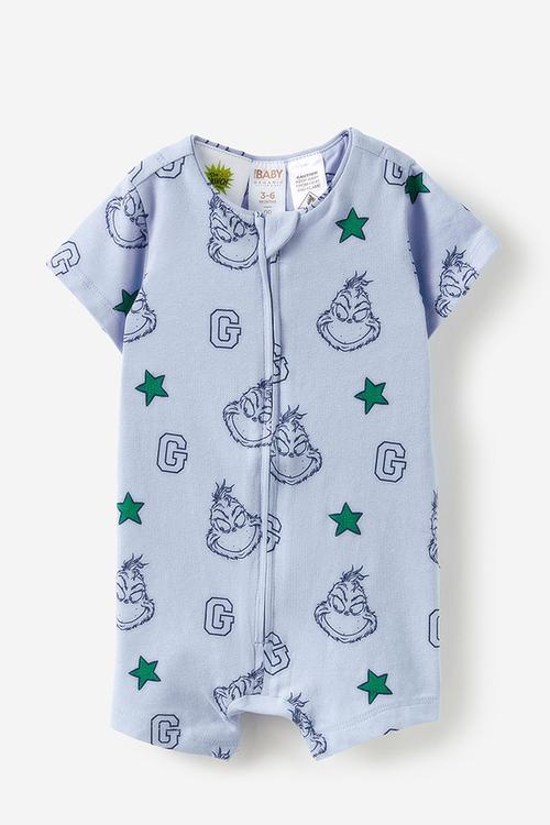 The short sleeve zip romper license - lcn drs dawn blue/grinch stars