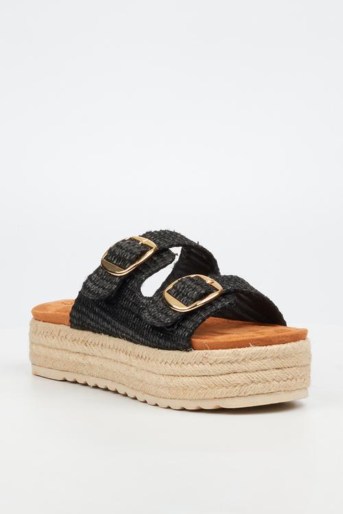 Connie 1 light-weight comfort double buckle rope flatform - black