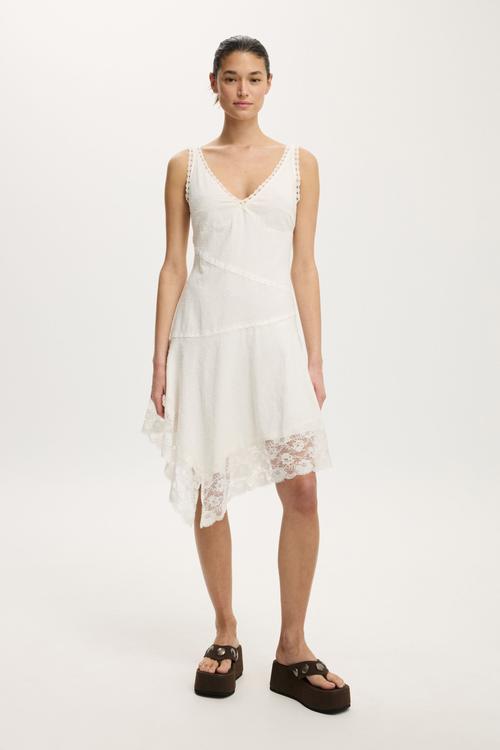 Spliced lace dress - white dobby