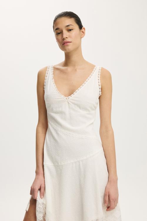 Spliced lace dress - white dobby