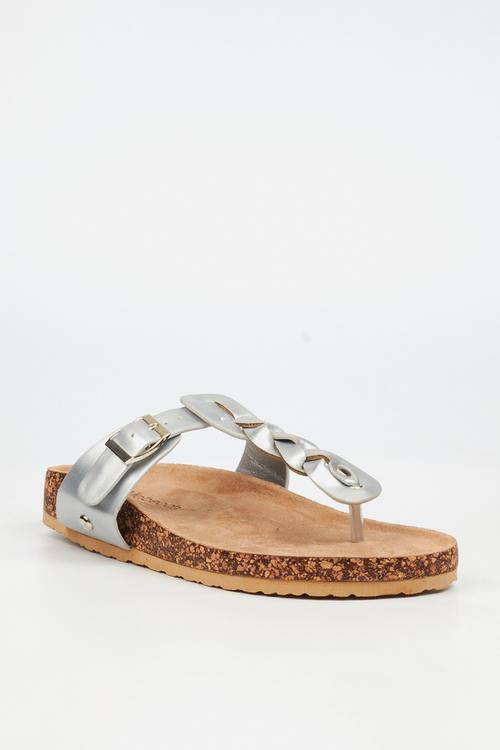 QORK 10 Comfort Sock Braided Toe Thong Qork Sandal - Silver