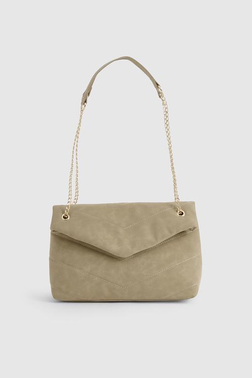 Fold over chain handle cross body bag - taupe