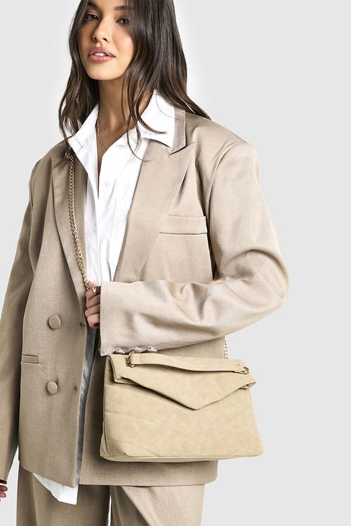 Fold over chain handle cross body bag - taupe