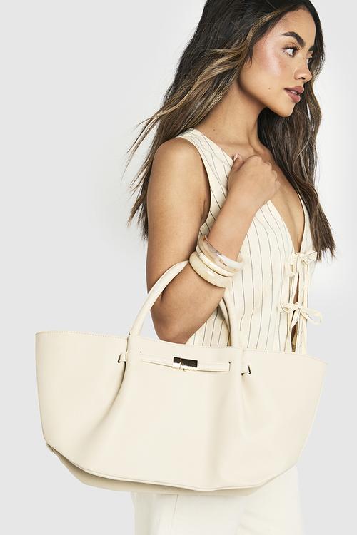 Clasp detail textured pu tote bag - cream