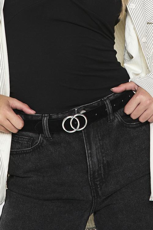 Faux suede double ring boyfriend belt - black