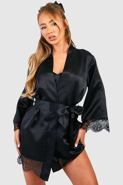 Satin lace trim robe - black