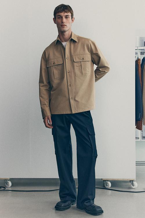 Cotton twill utility overshirt - beige