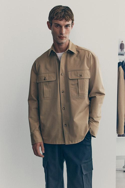 Cotton twill utility overshirt - beige