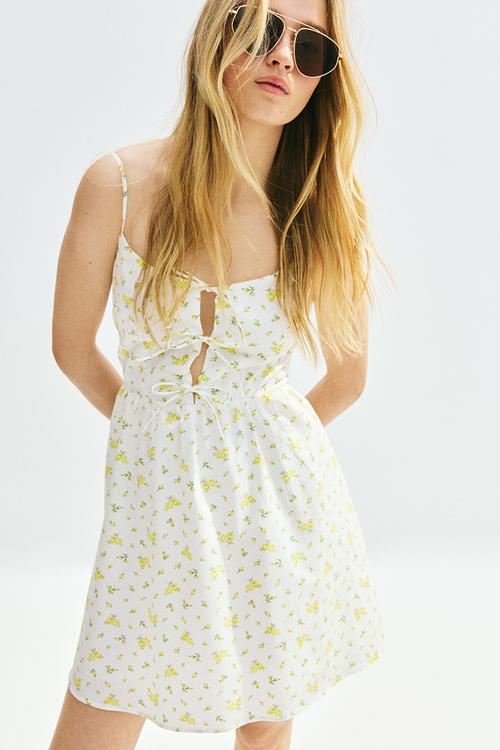 Tie-detail poplin dress - white floral