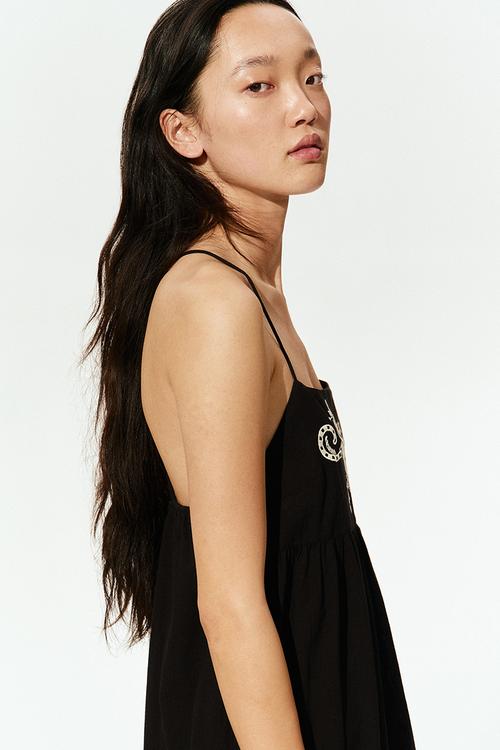 Cotton strappy dress - black flowers