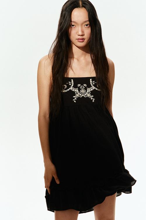 Cotton strappy dress - black flowers