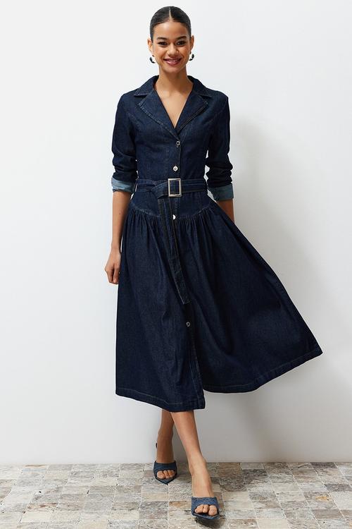 Belted Jacket Collar Maxi Denim Dress - Blue