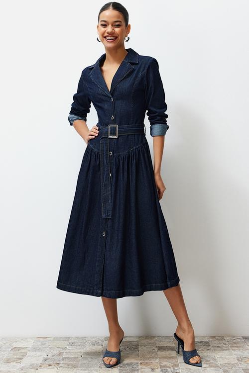 Belted Jacket Collar Maxi Denim Dress - Blue