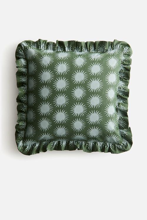 Frill-trimmed cushion cover - dark green patterned