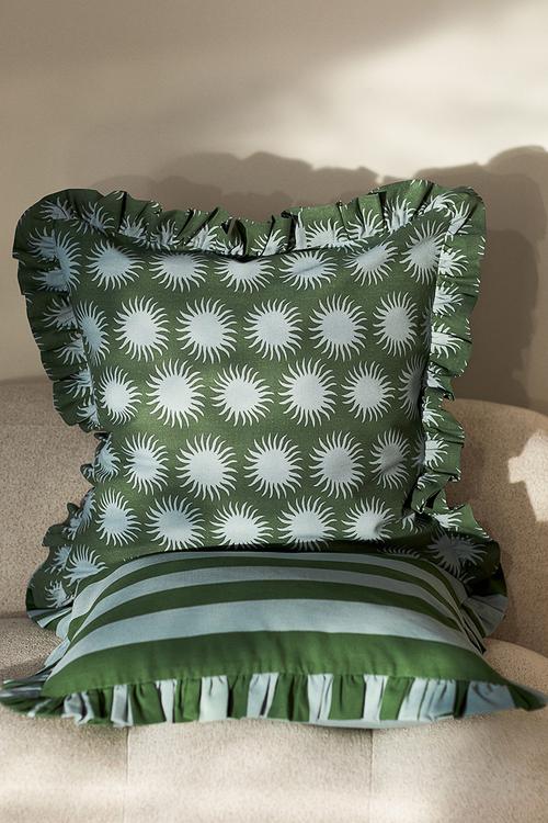 Frill-trimmed cushion cover - dark green patterned