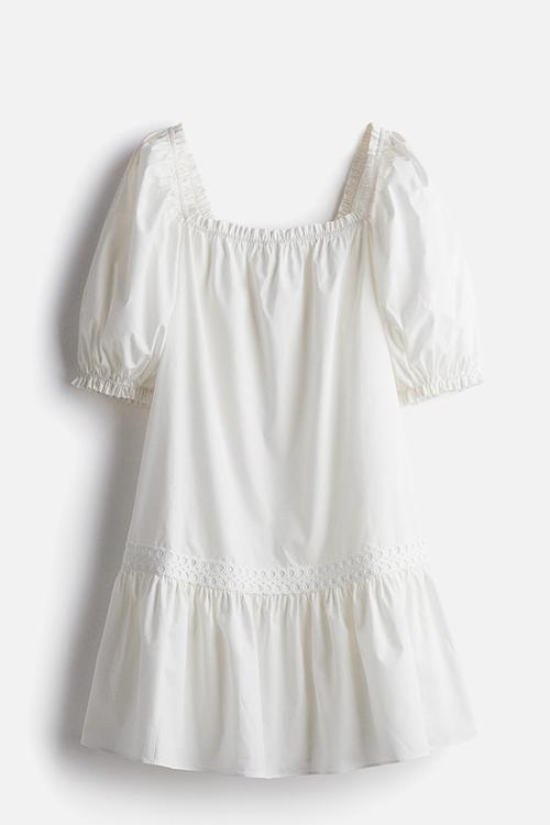 Puff-sleeved poplin dress - white
