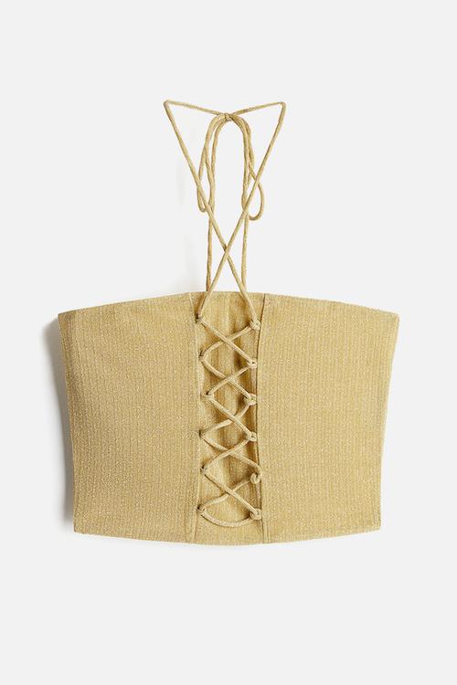 Glittery lacing-detail halterneck top - dusty yellow