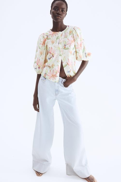 Linen-blend blouse - white/floral