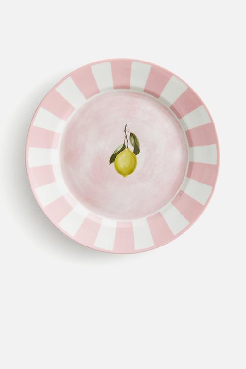Motif-detail porcelain mid plate - pink/lemon